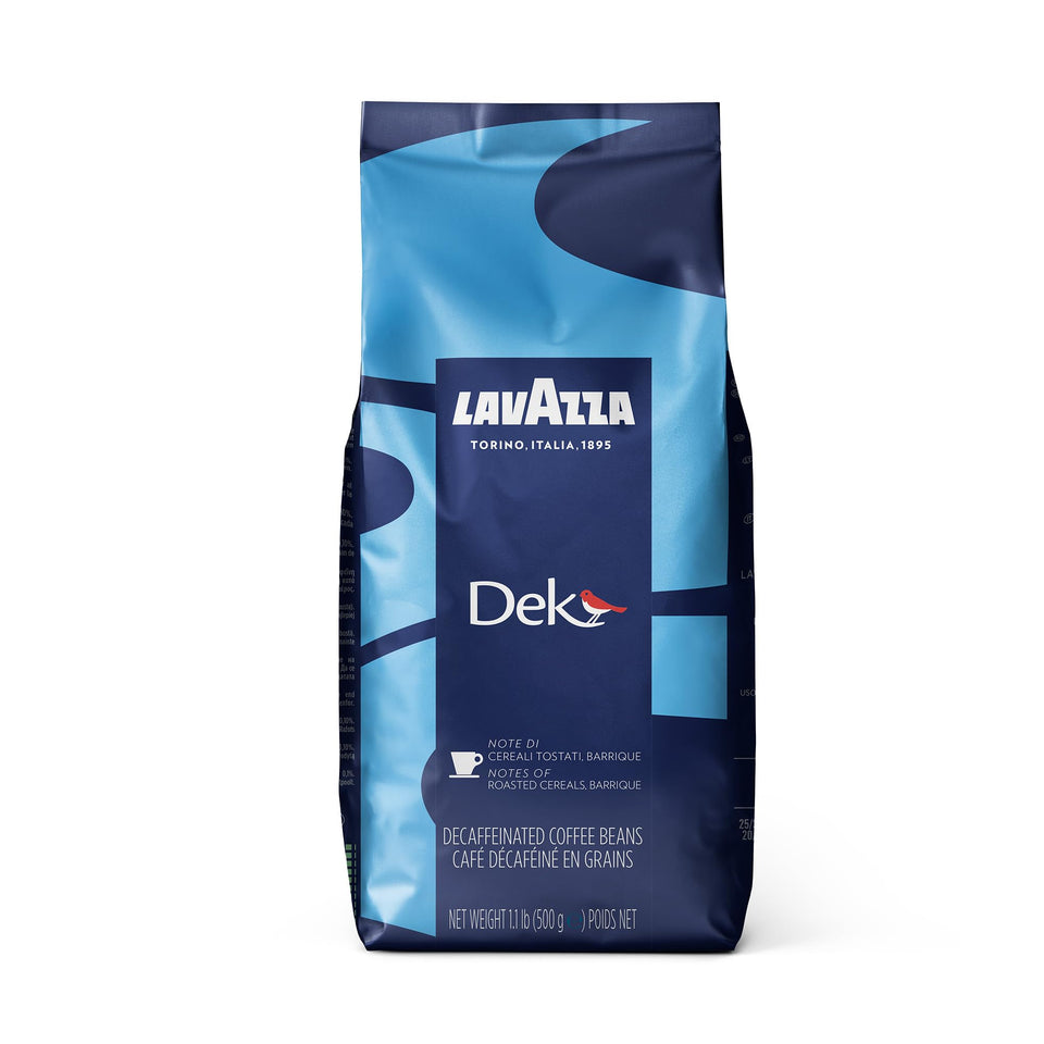 Lavazza DEK decaffeinated whole bean coffee bag with smooth aroma for any grind.