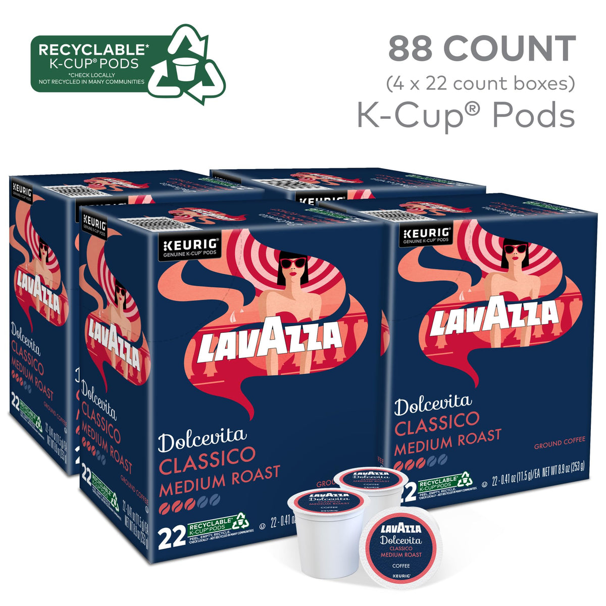 Lavazza Dolcevita Classico 88-count box highlights value and long-term use.