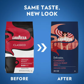 Lavazza Dolcevita Classico ground coffee bags showing Arabica and Robusta blend