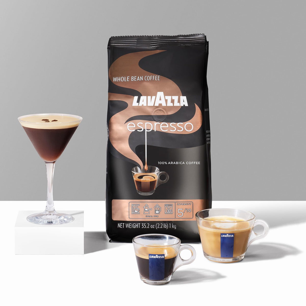 Lavazza Espresso beans ready for espresso machine brewing.
