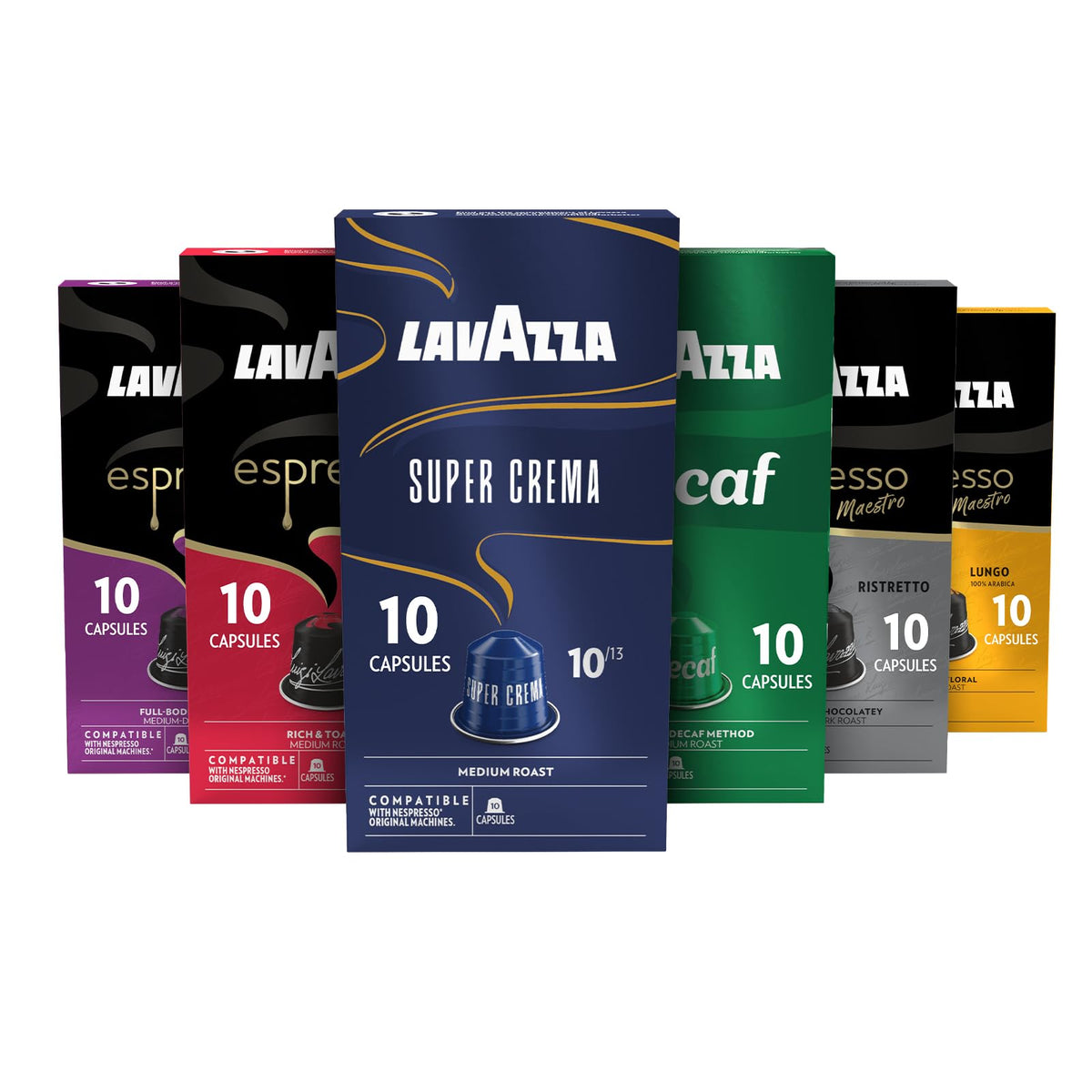 Lavazza Espresso Favorites packshot showing a collection of capsules for versatile home espresso.