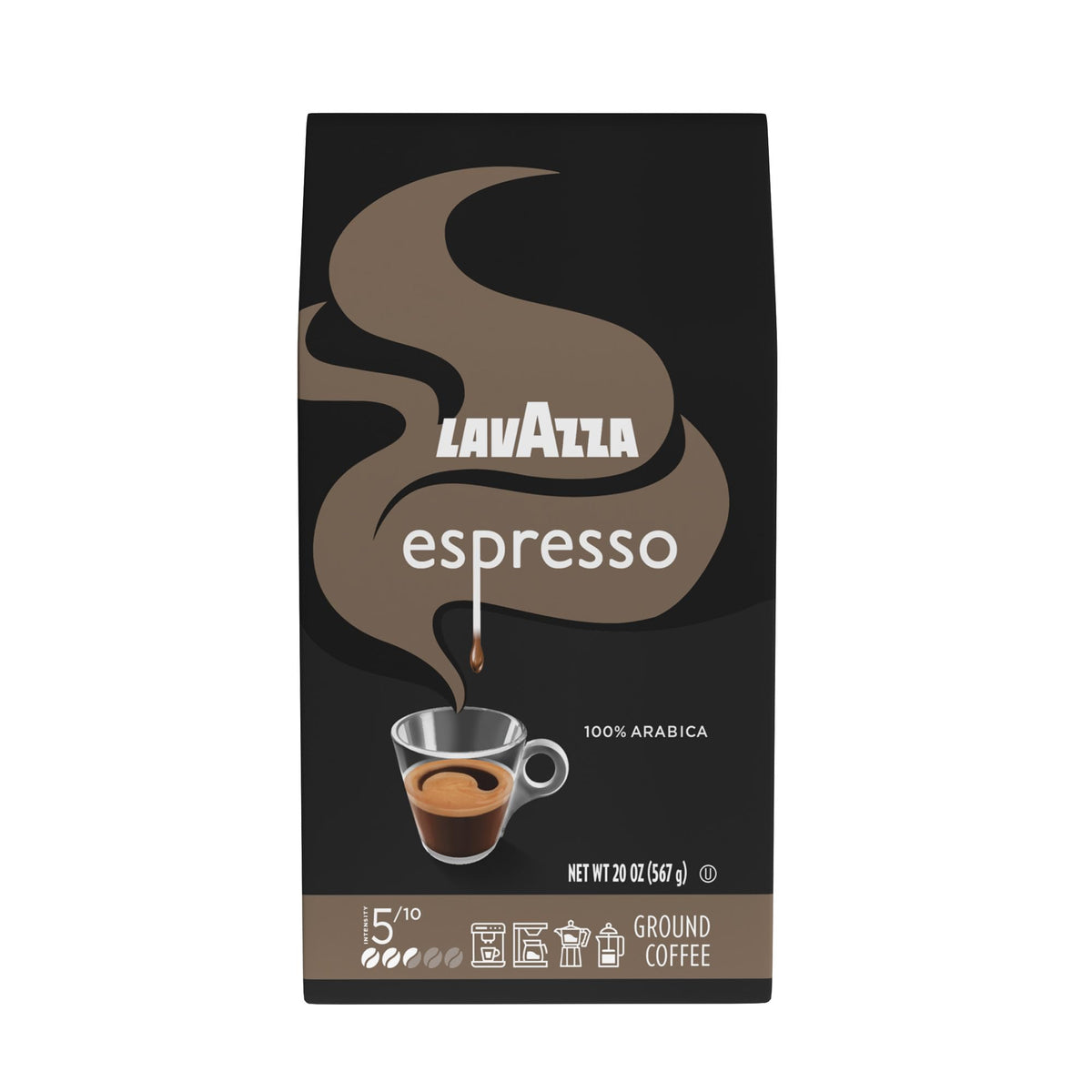 Lavazza espresso ground coffee bag front with rich aroma hints for home brewing.