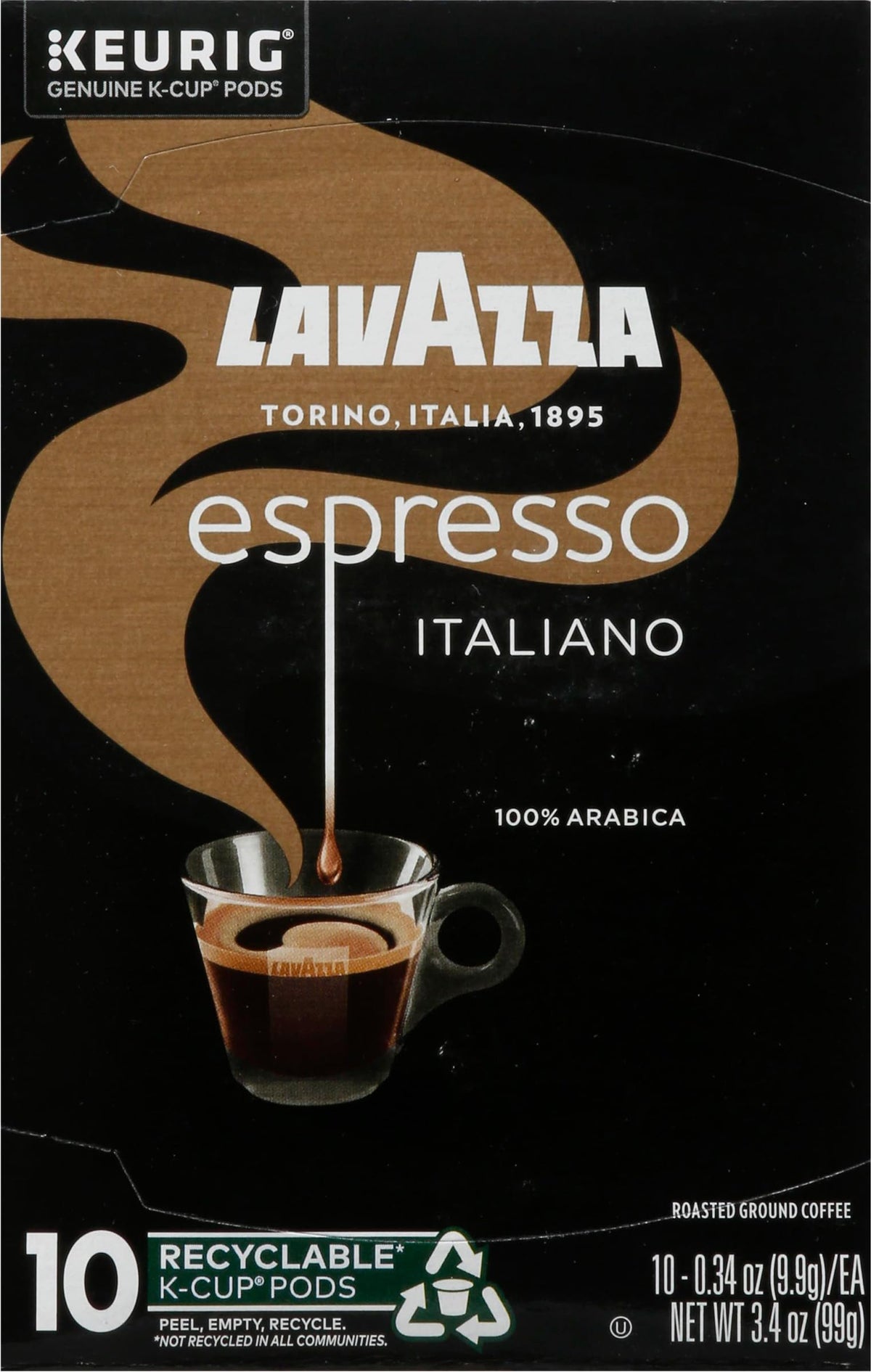Lavazza Espresso Italiano K-Cup pod close-up showing aromatic scent and velvety crema.