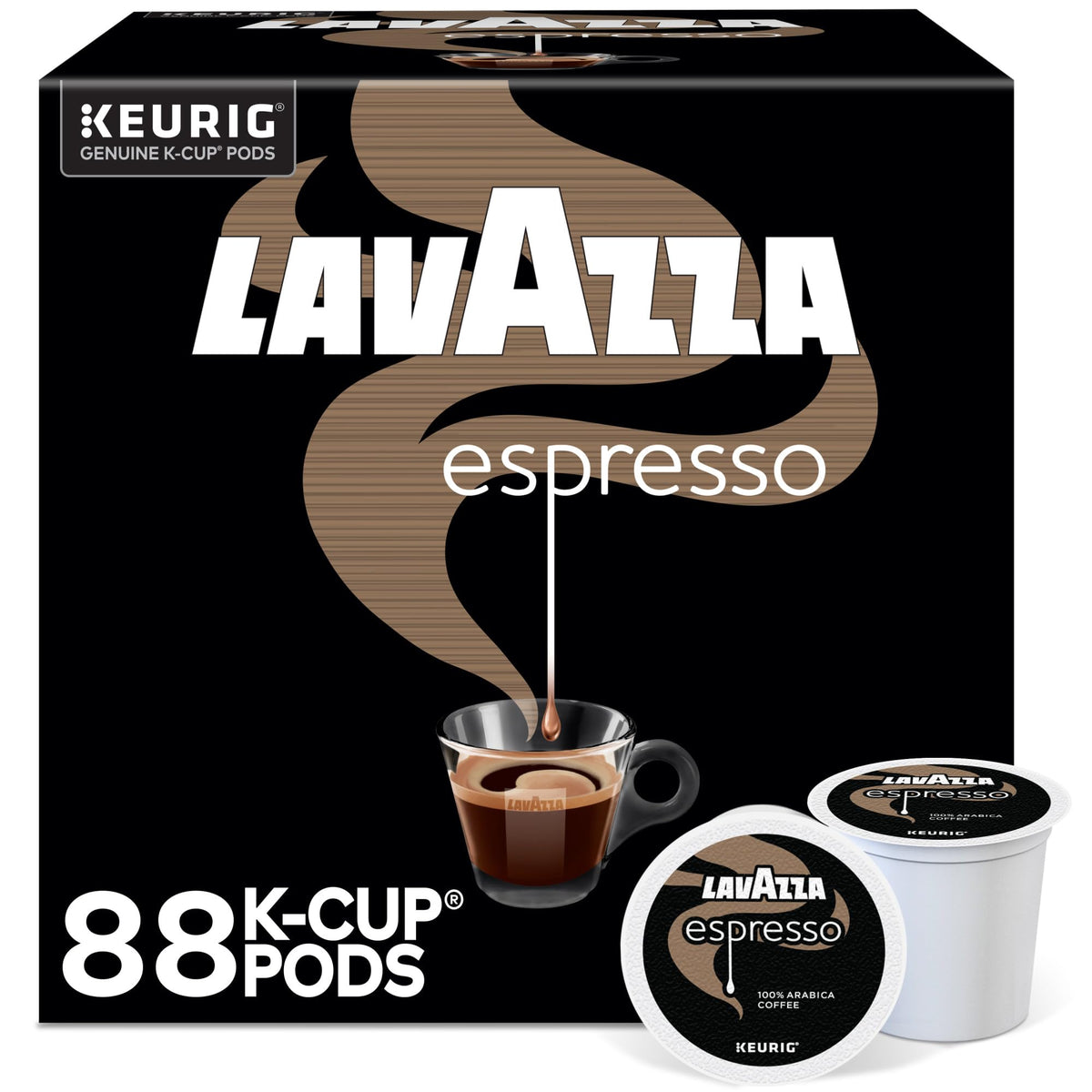 Lavazza Espresso K-Cup pods box, 88-count, ideal for quick mornings.