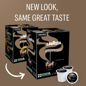 Lavazza espresso K-Cups arranged in a box, rich aroma ready to brew.