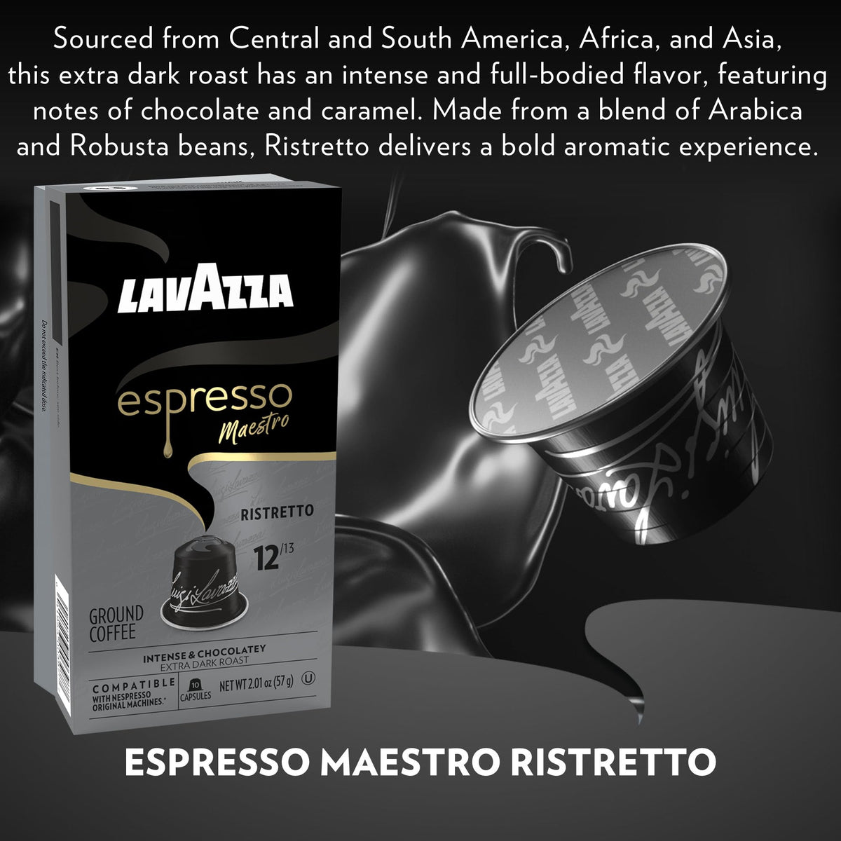 Cup of Lavazza Maestro Ristretto highlighting chocolate and caramel notes.