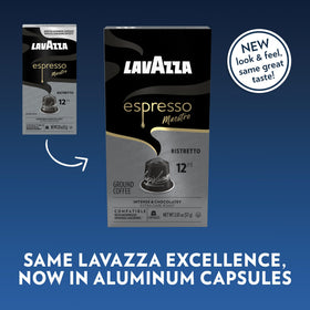 Pouring Lavazza Maestro Ristretto shot with dense crema and aroma.
