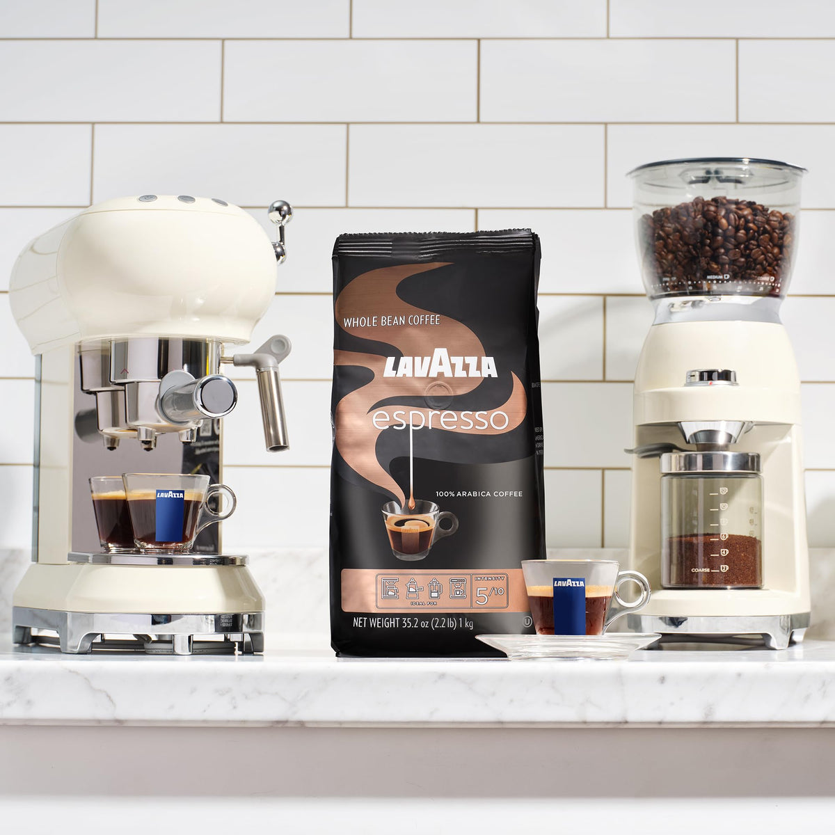 Lavazza packaging and 2.2 lb bag shown in hero shot