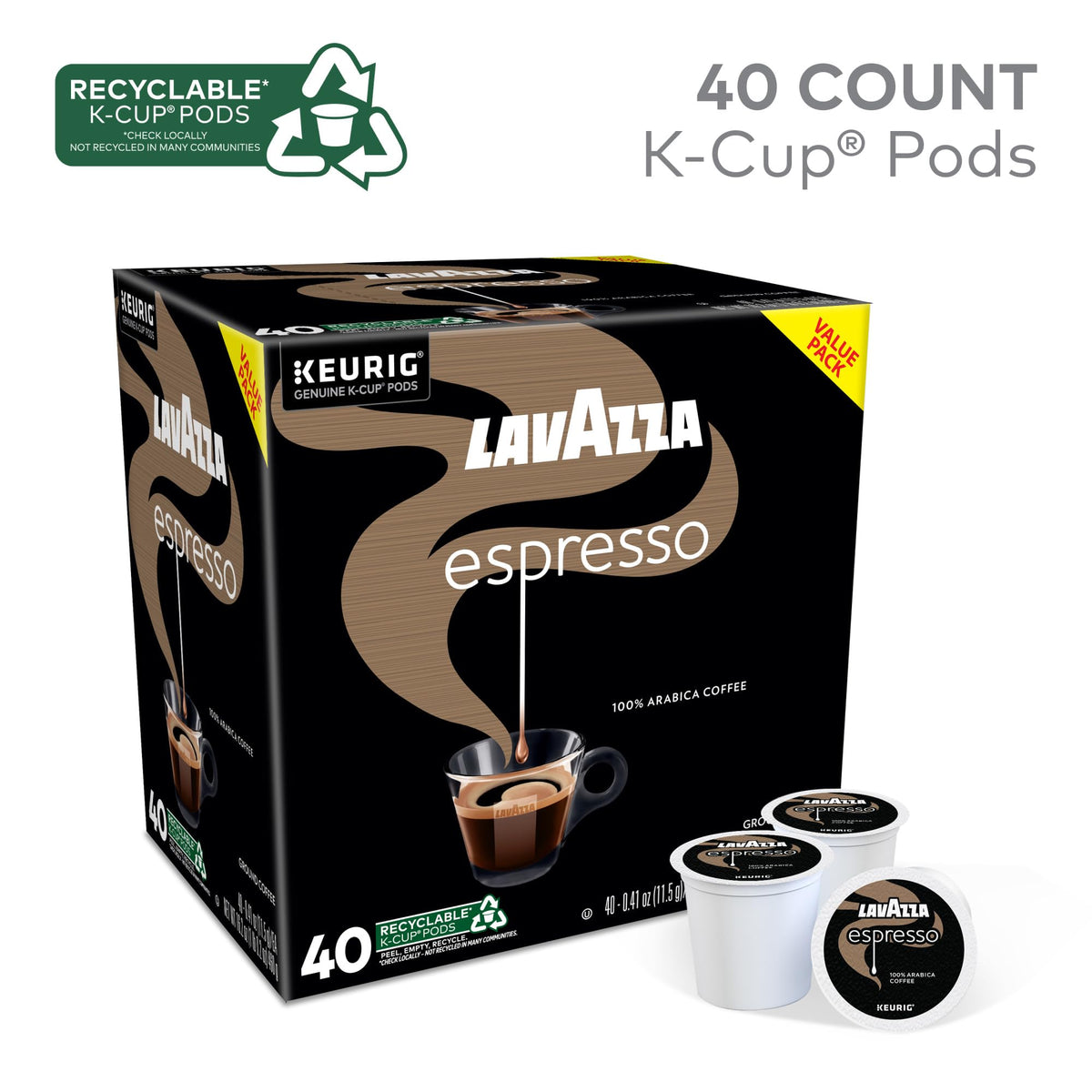 Medium roast Lavazza espresso poured into a cup with crema