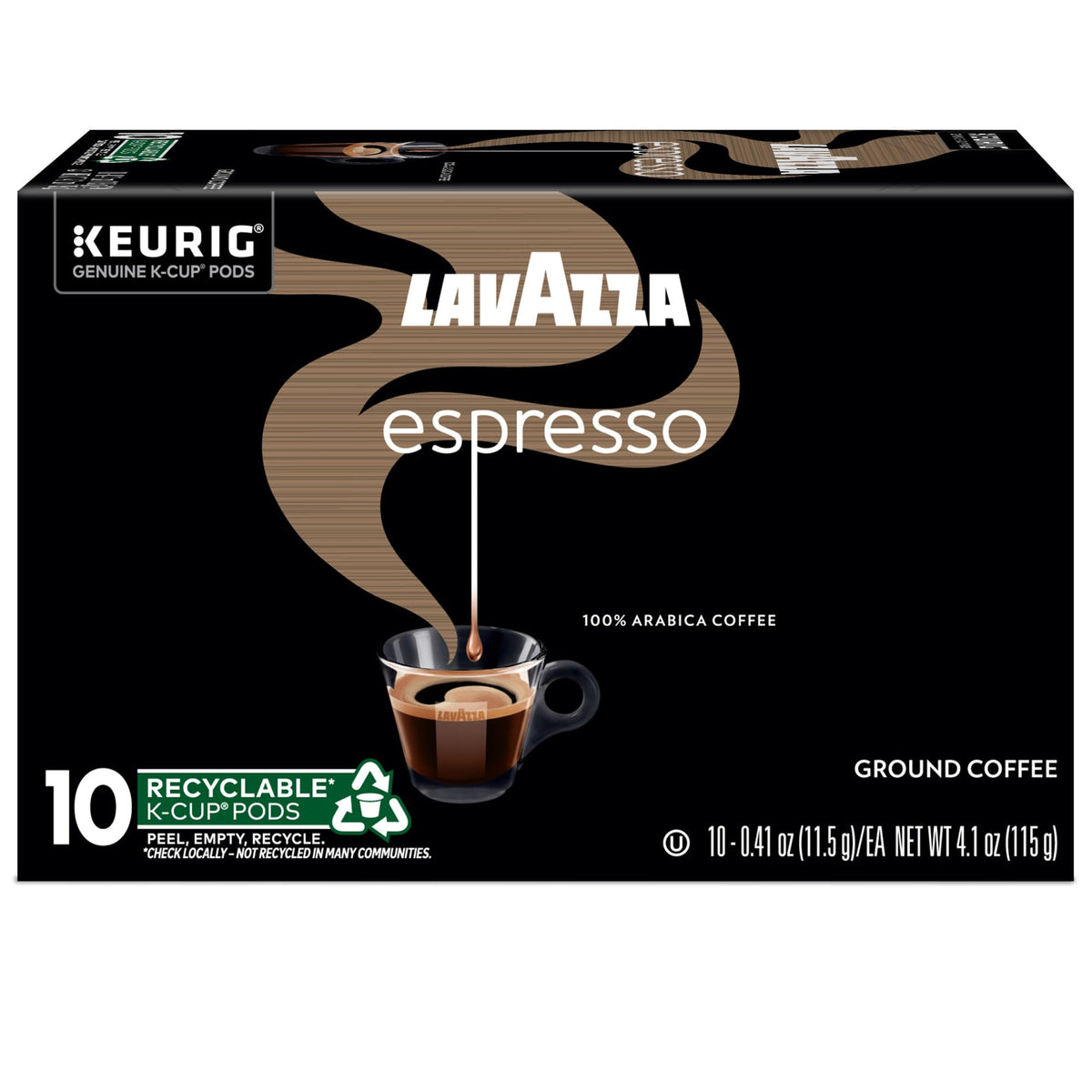 Lavazza Espresso pod in a cup and package, illustrating usage and flavor
