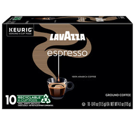 Lavazza Espresso pod in a cup and package, illustrating usage and flavor