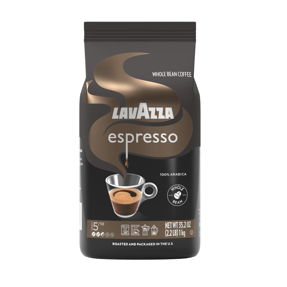 Lavazza Espresso whole bean bag with floral and fruit aroma for home brewing.