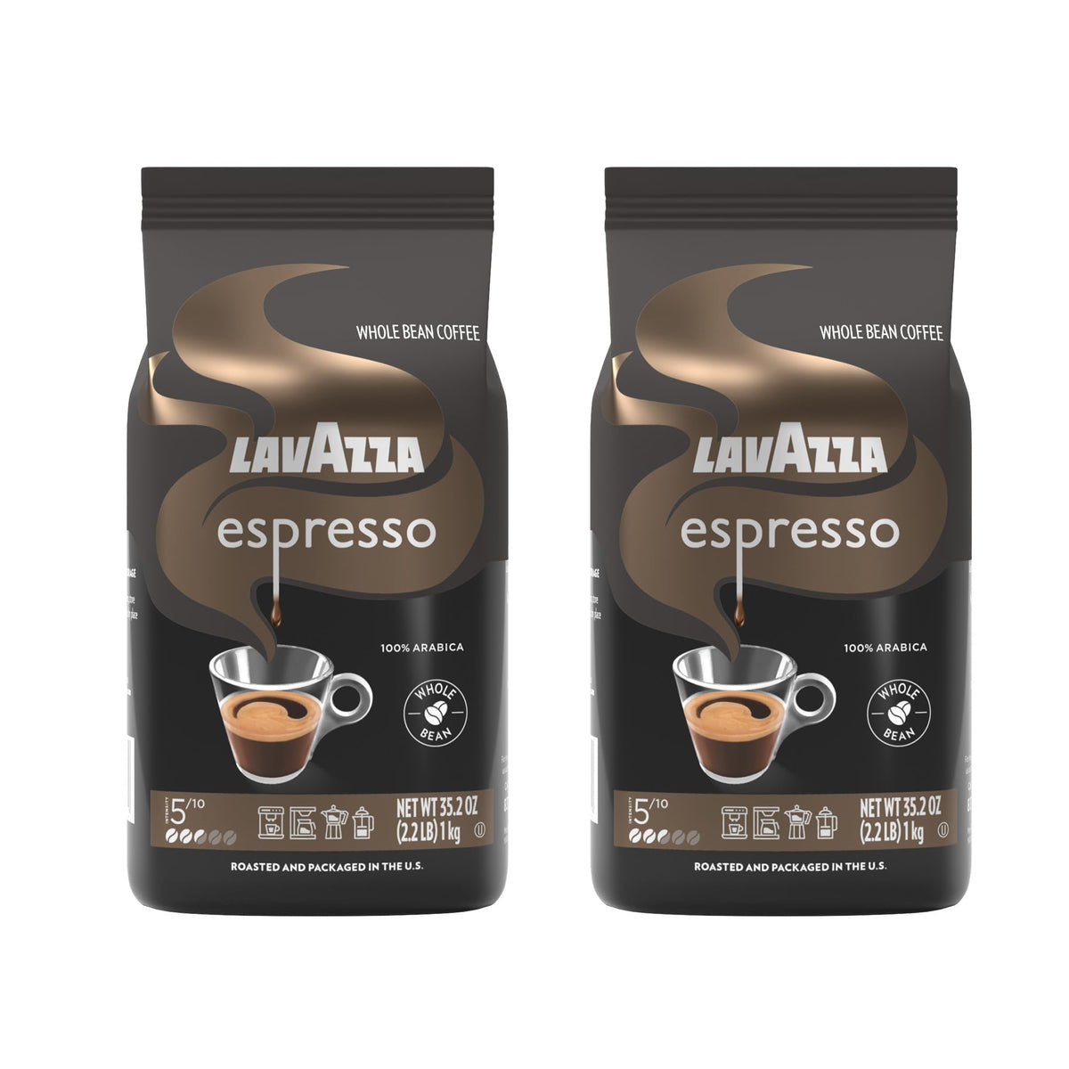 Lavazza Espresso whole bean bags in a 2-pack for versatile espresso or drip brewing.