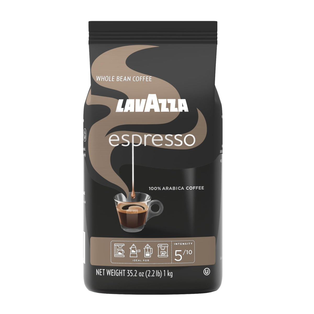 Lavazza Espresso whole bean bag on kitchen counter for fresh crema-ready coffee