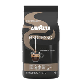 Lavazza Espresso whole bean bag on kitchen counter for fresh crema-ready coffee