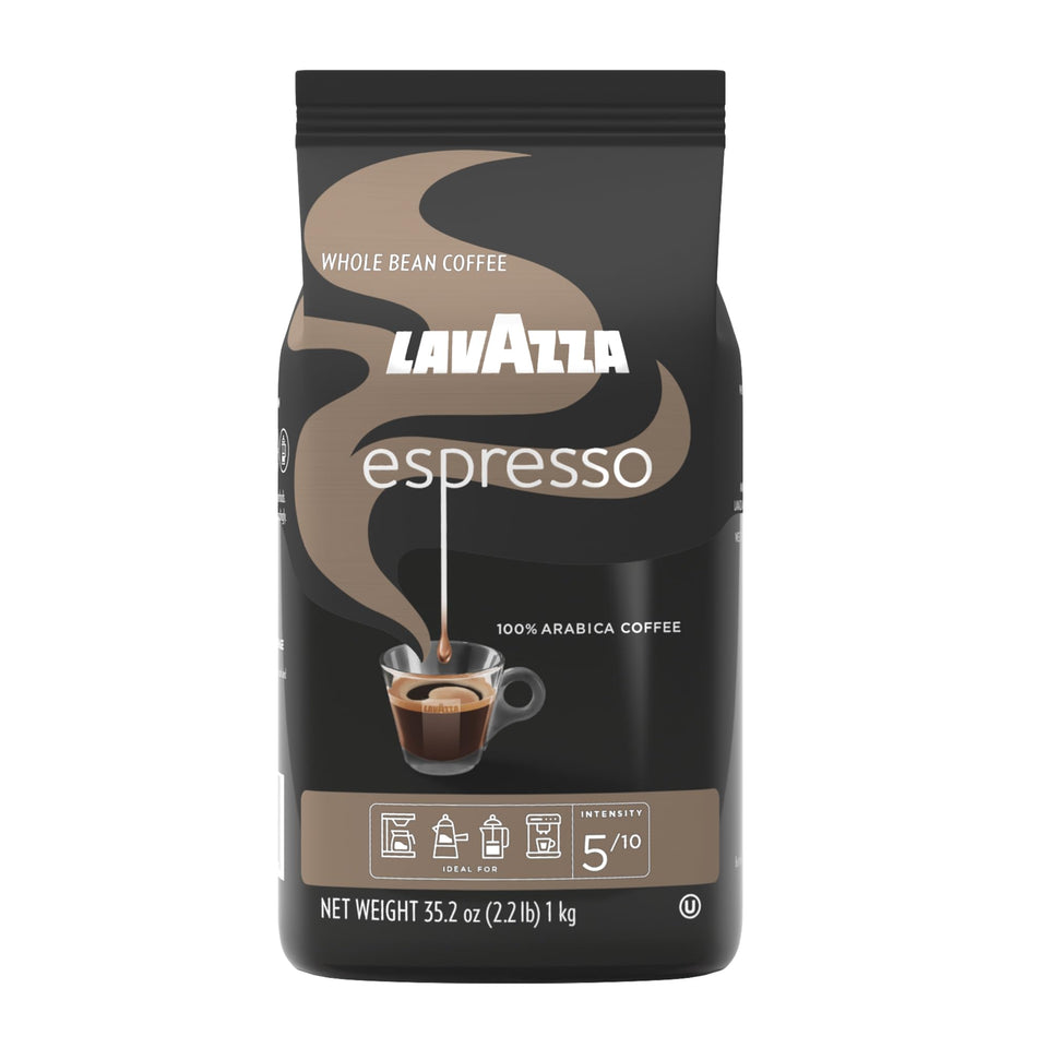 Lavazza Espresso whole bean bag on kitchen counter for fresh crema-ready coffee