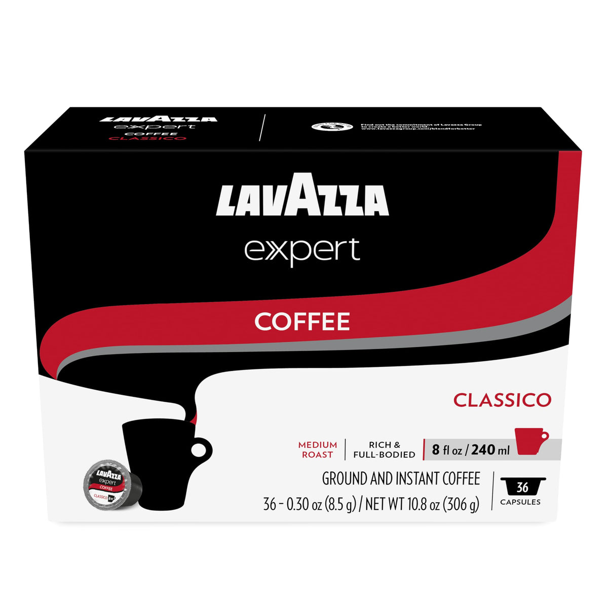 Lavazza Expert Classico capsules in a 36-pack on the counter for quick brews.