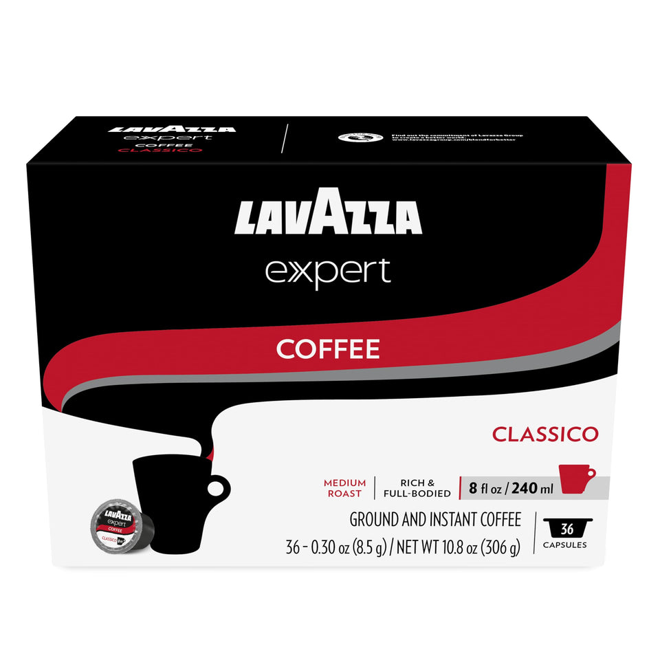 Lavazza Expert Classico capsules in a 36-pack on the counter for quick brews.