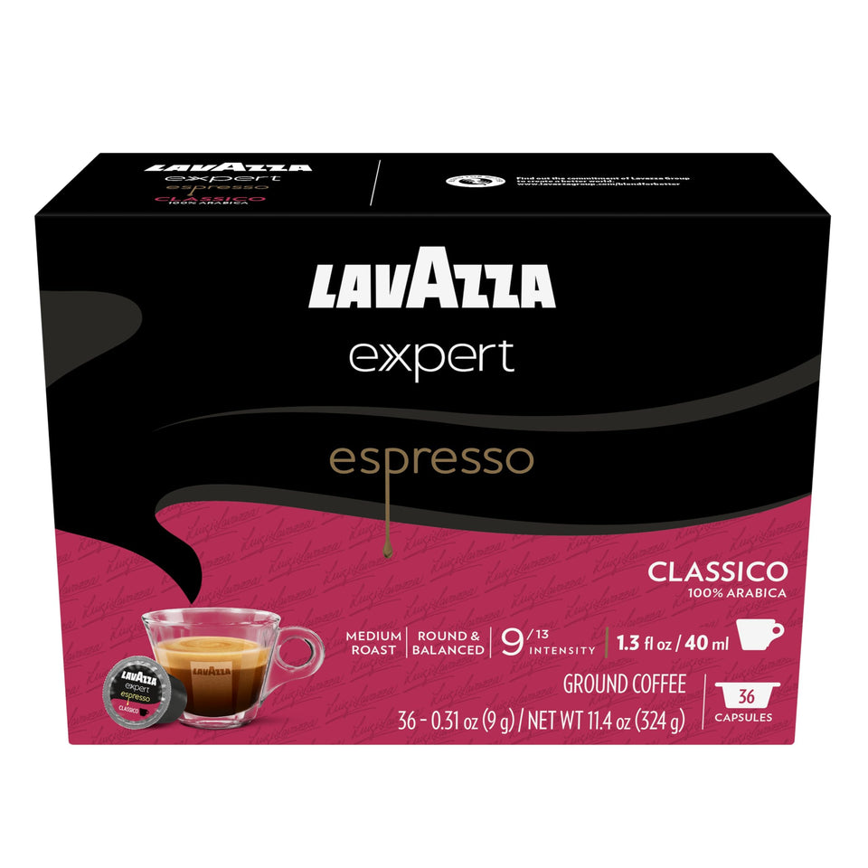 Lavazza Expert Espresso Classico capsules packshot showing premium packaging for quick mornings.