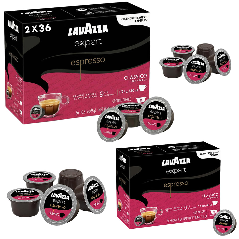 Lavazza Expert Espresso Classico pods—72-count box for daily espresso routines.