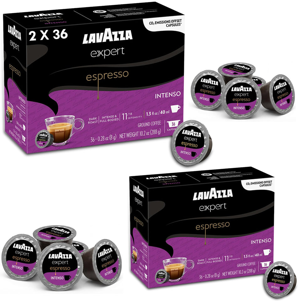 Lavazza Expert Espresso Intenso capsules pack highlighting bold dark roast for rich mornings.