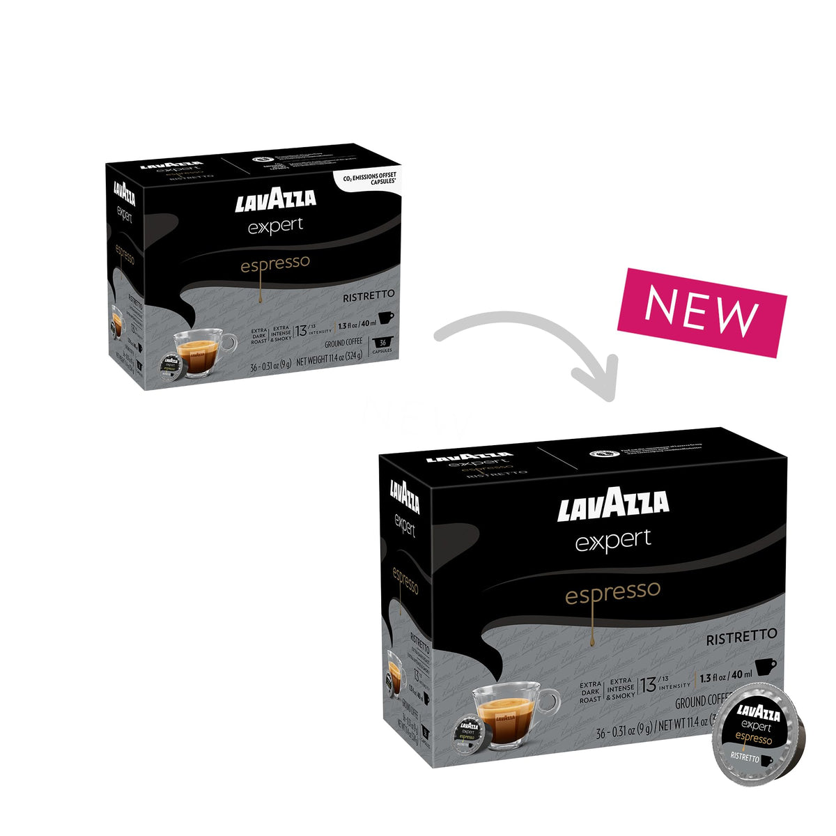 Capsules arranged to showcase Lavazza Expert Ristretto flavor profile and quantity