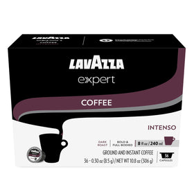Lavazza Expert Intenso capsules packshot, bold dark roast for daily coffee rituals.