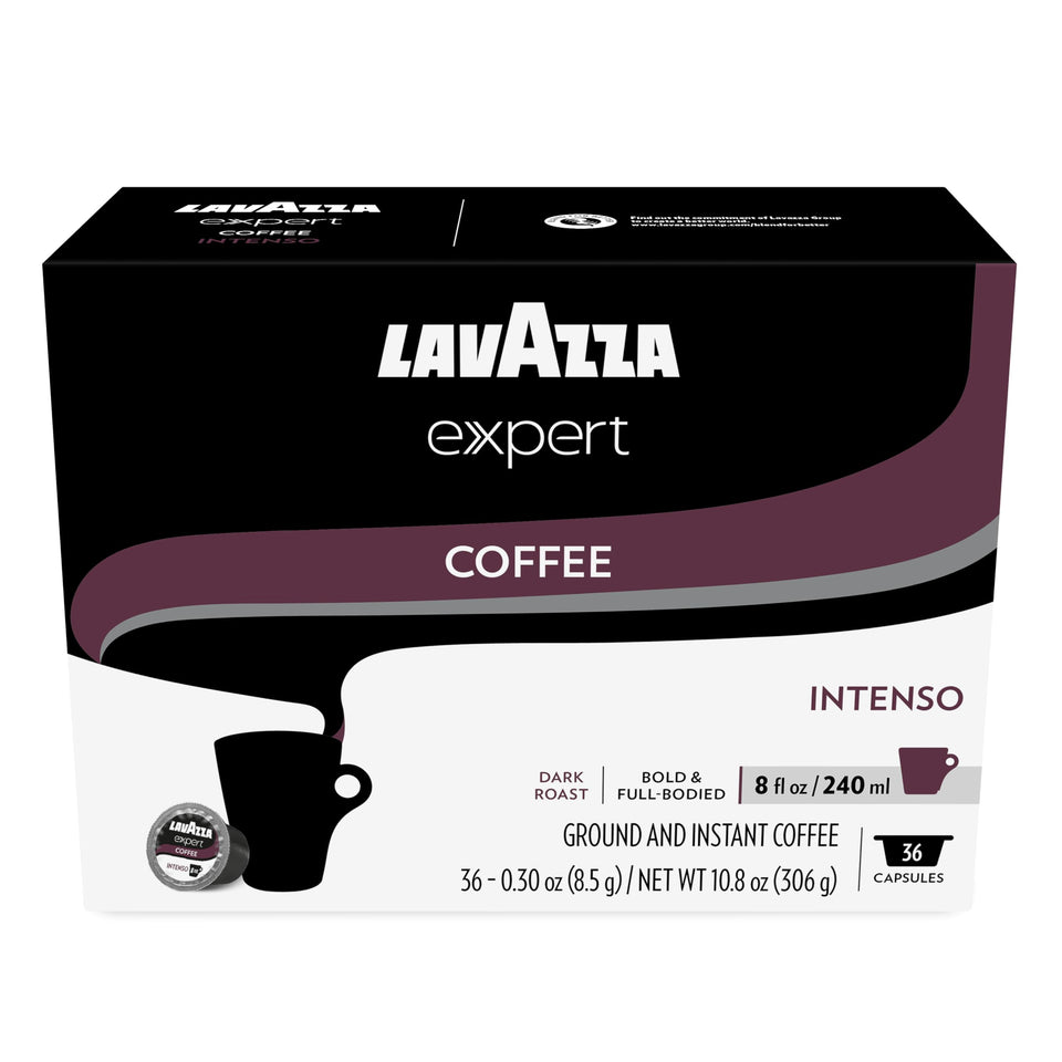 Lavazza Expert Intenso capsules packshot, bold dark roast for daily coffee rituals.