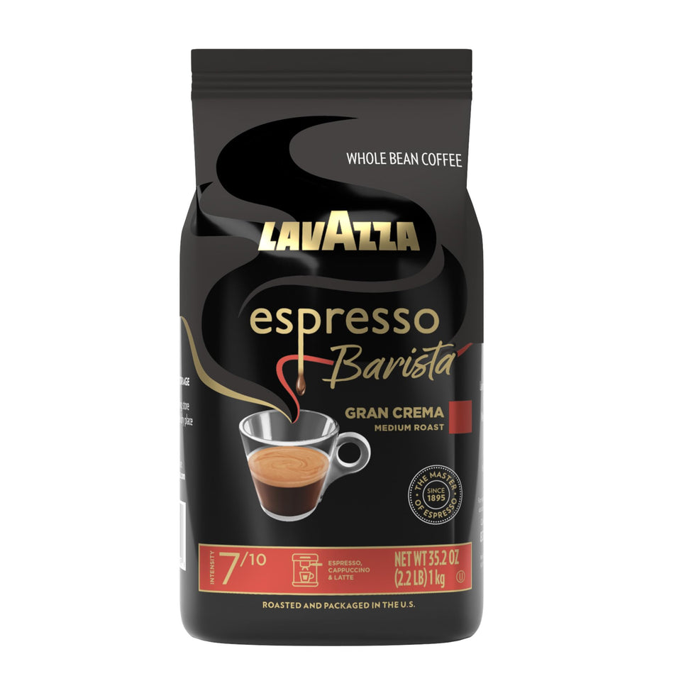 Lavazza Gran Crema whole bean coffee bag ready to grind for espresso.