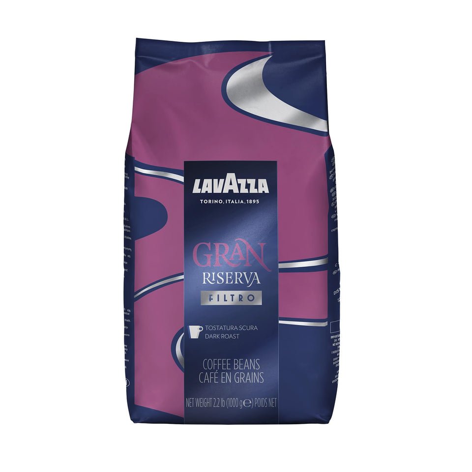 Lavazza Gran Riserva Filtro whole bean packaging with rich aroma for home brewing.
