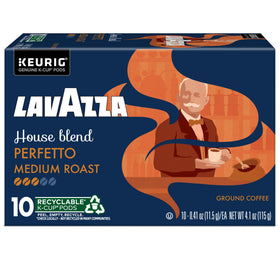 Lavazza House Blend Perfetto brew-ready cup on a saucer.
