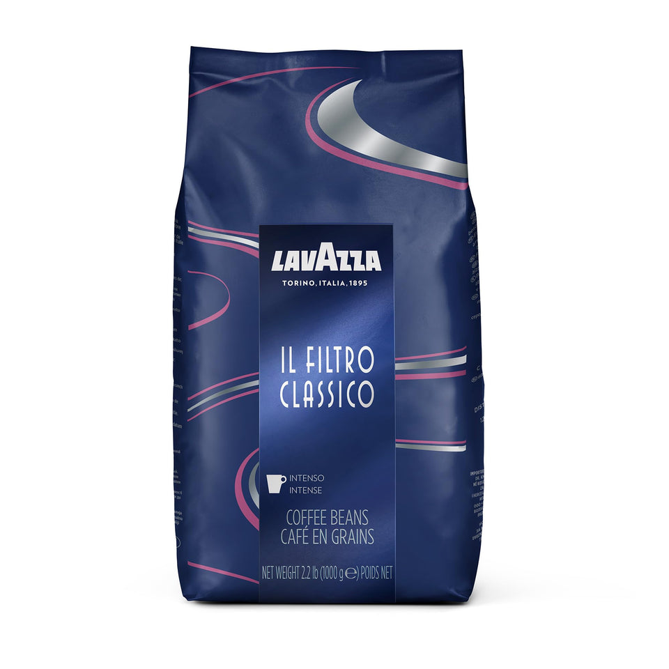 Lavazza Il Filtro Classico whole beans close-up showing rich dark roast aroma for drip coffee.