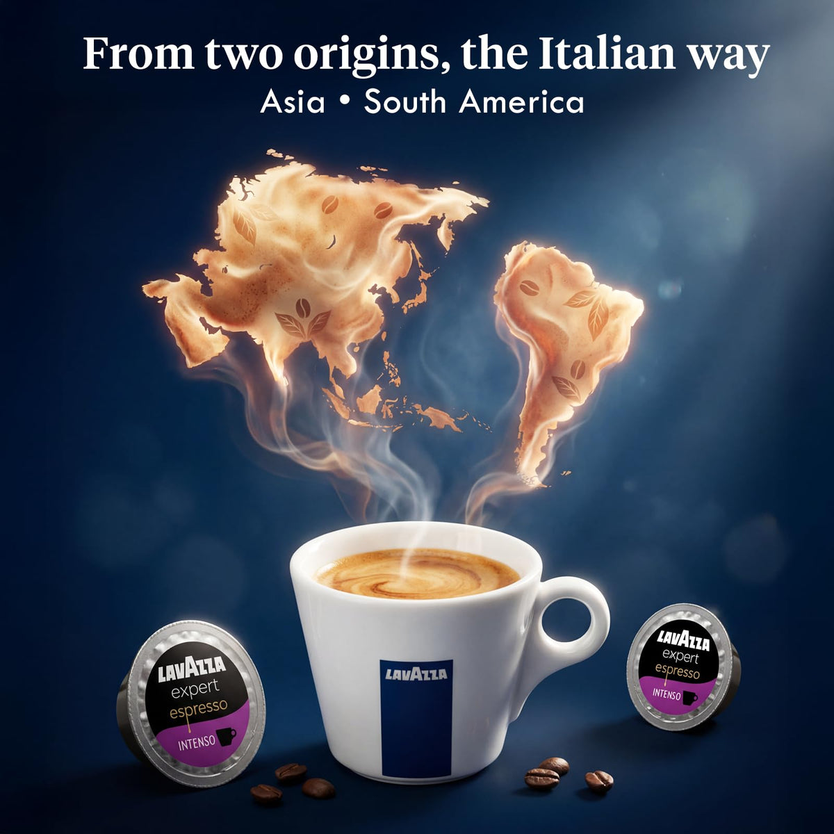 Lavazza Intenso dark roast image conveys bold flavor and strong crema potential.