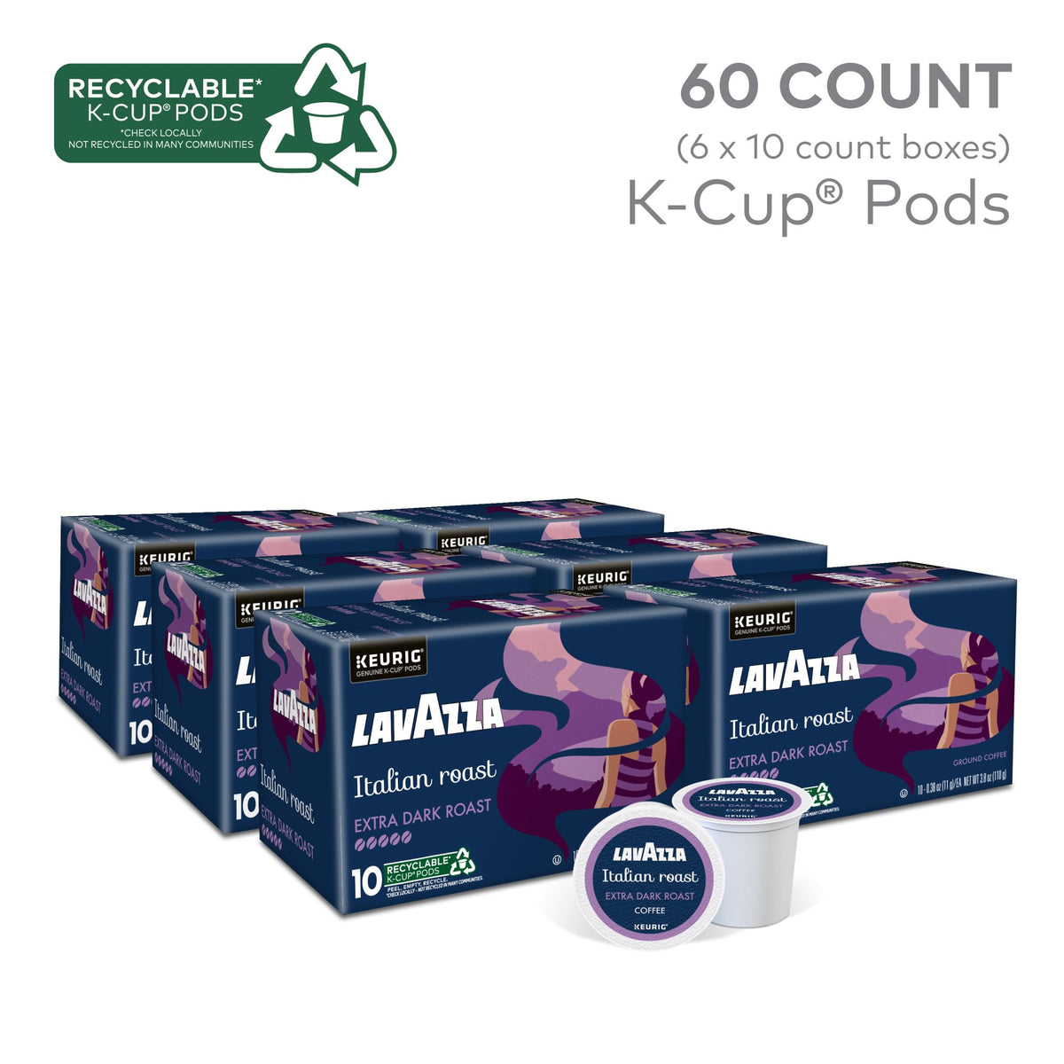 Lavazza Italian Roast K-Cup pods with Arabica beans delivering bold flavor.