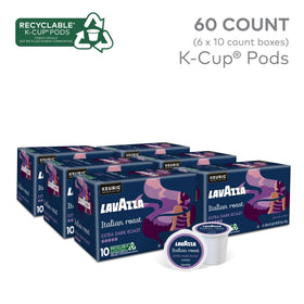 Lavazza Italian Roast K-Cup pods with Arabica beans delivering bold flavor.