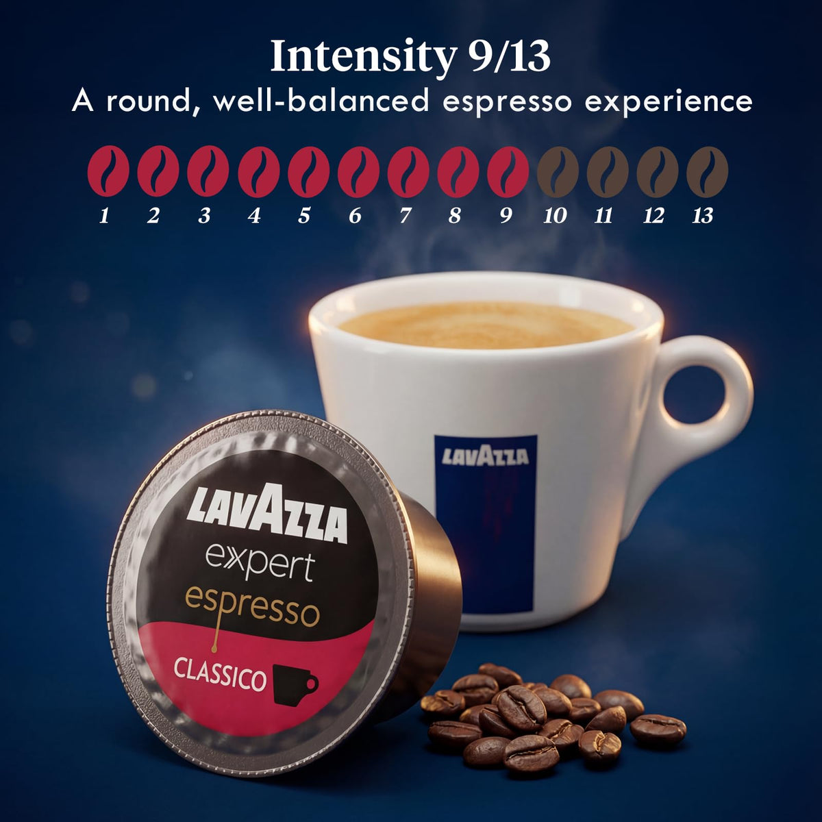 Lavazza medium roast level 9 badge on capsule pack.