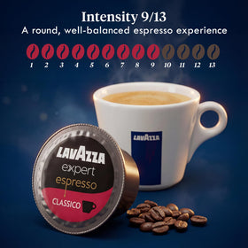 Lavazza medium roast level 9 badge on capsule pack.