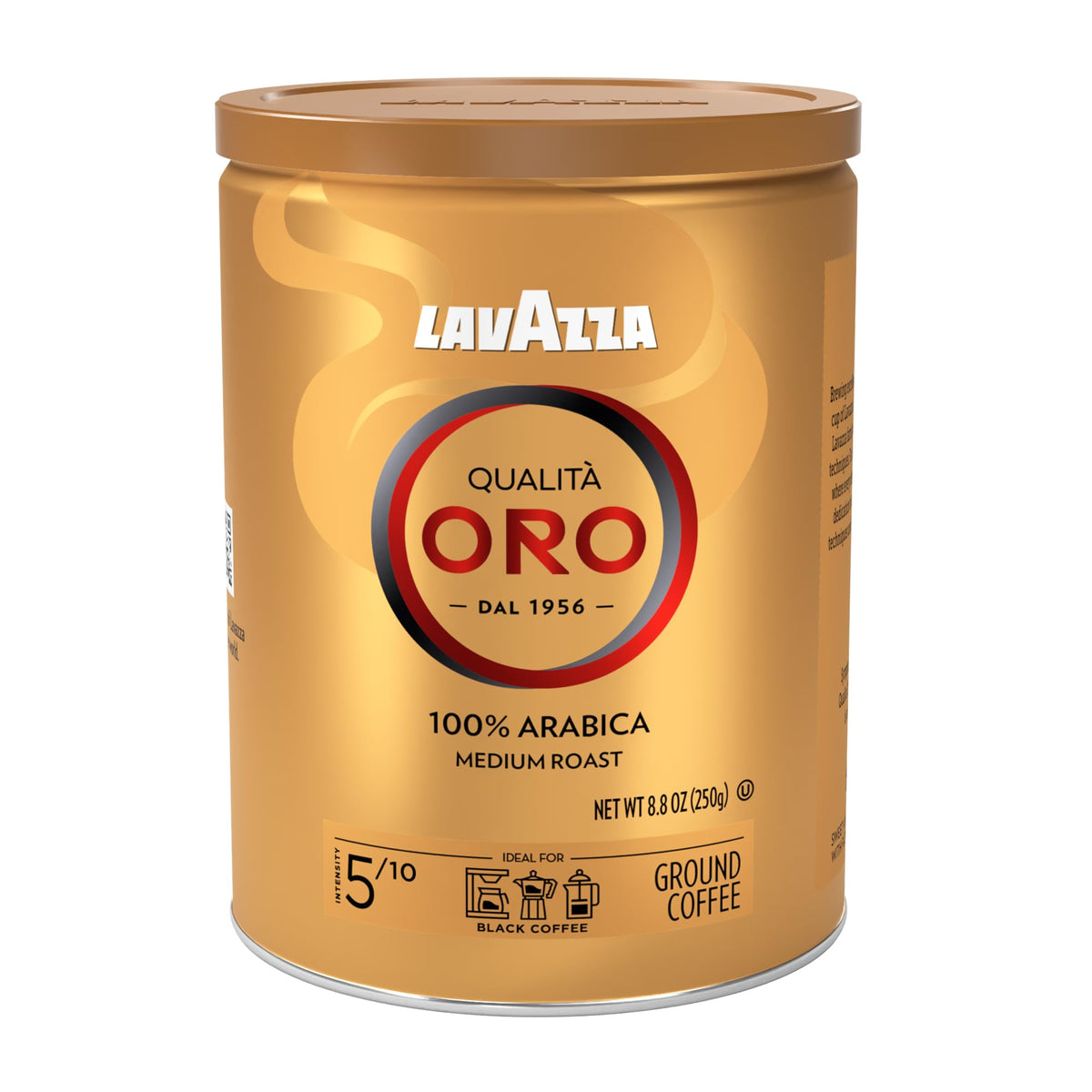Lavazza Qualità Oro tin front view, ideal for rich espresso aromas.