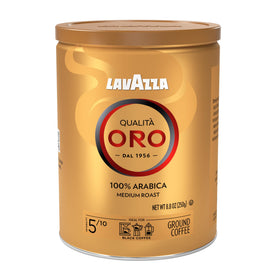 Lavazza Qualità Oro tin front view, ideal for rich espresso aromas.