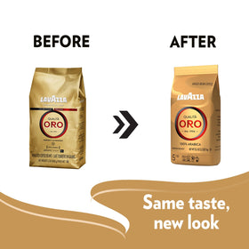 Lavazza Qualità Oro coffee beans close-up showing uniform color and quality.