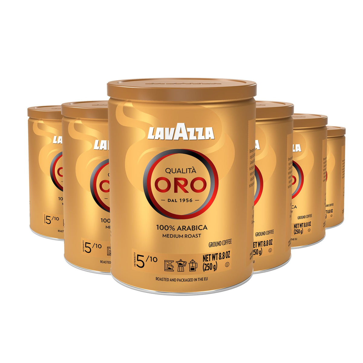 Lavazza Qualità Oro ground coffee pack6 tin for versatile espresso and drip brewing.