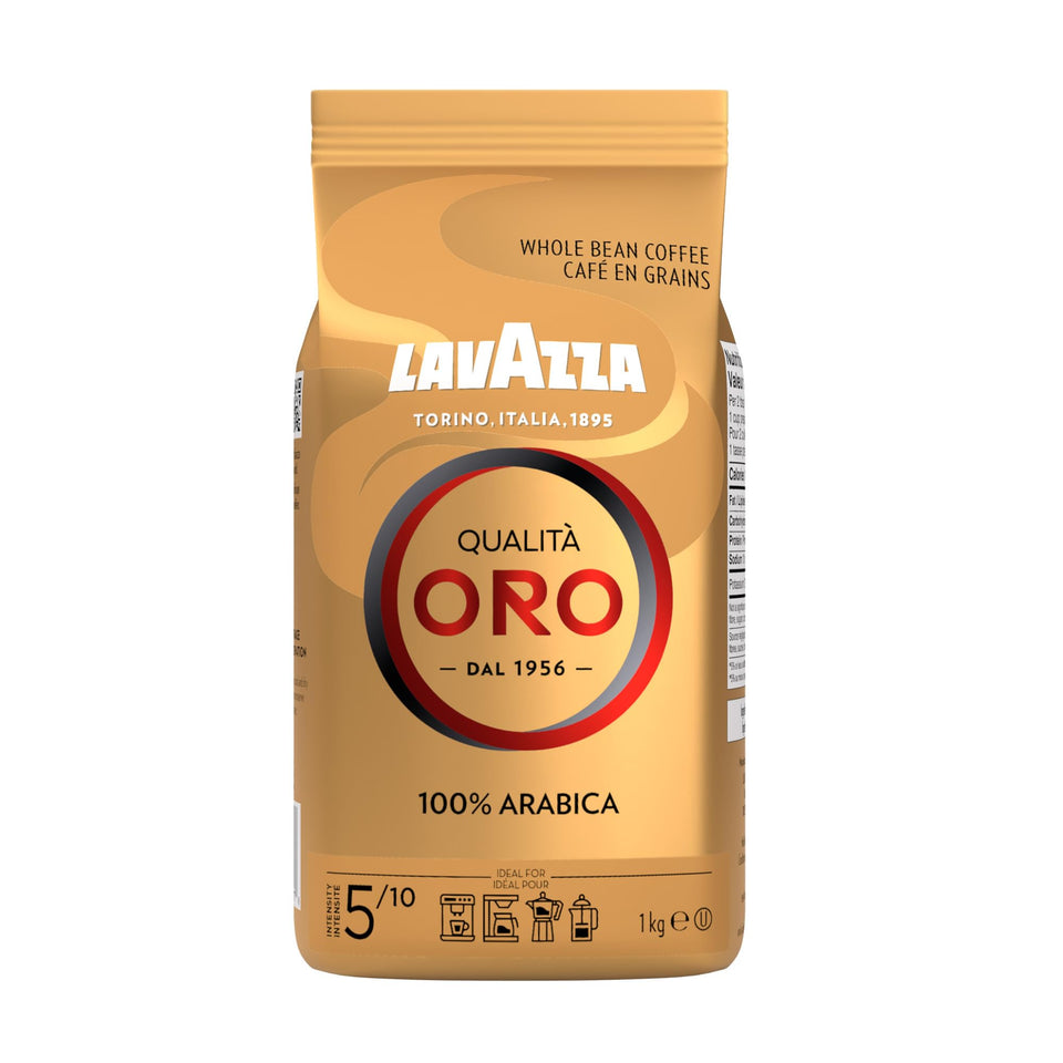 Lavazza Qualità Oro six-pack packaging for consistent home espresso.