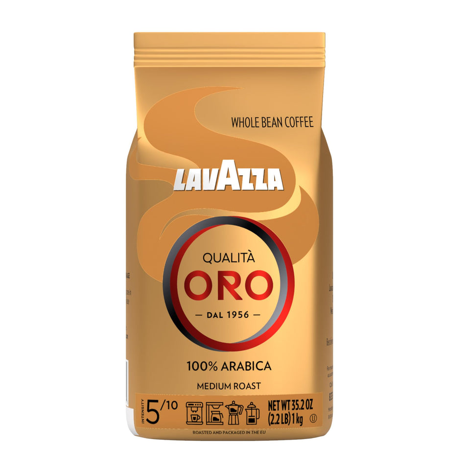 Lavazza Qualità Oro whole bean bag with premium packaging and inviting aroma.