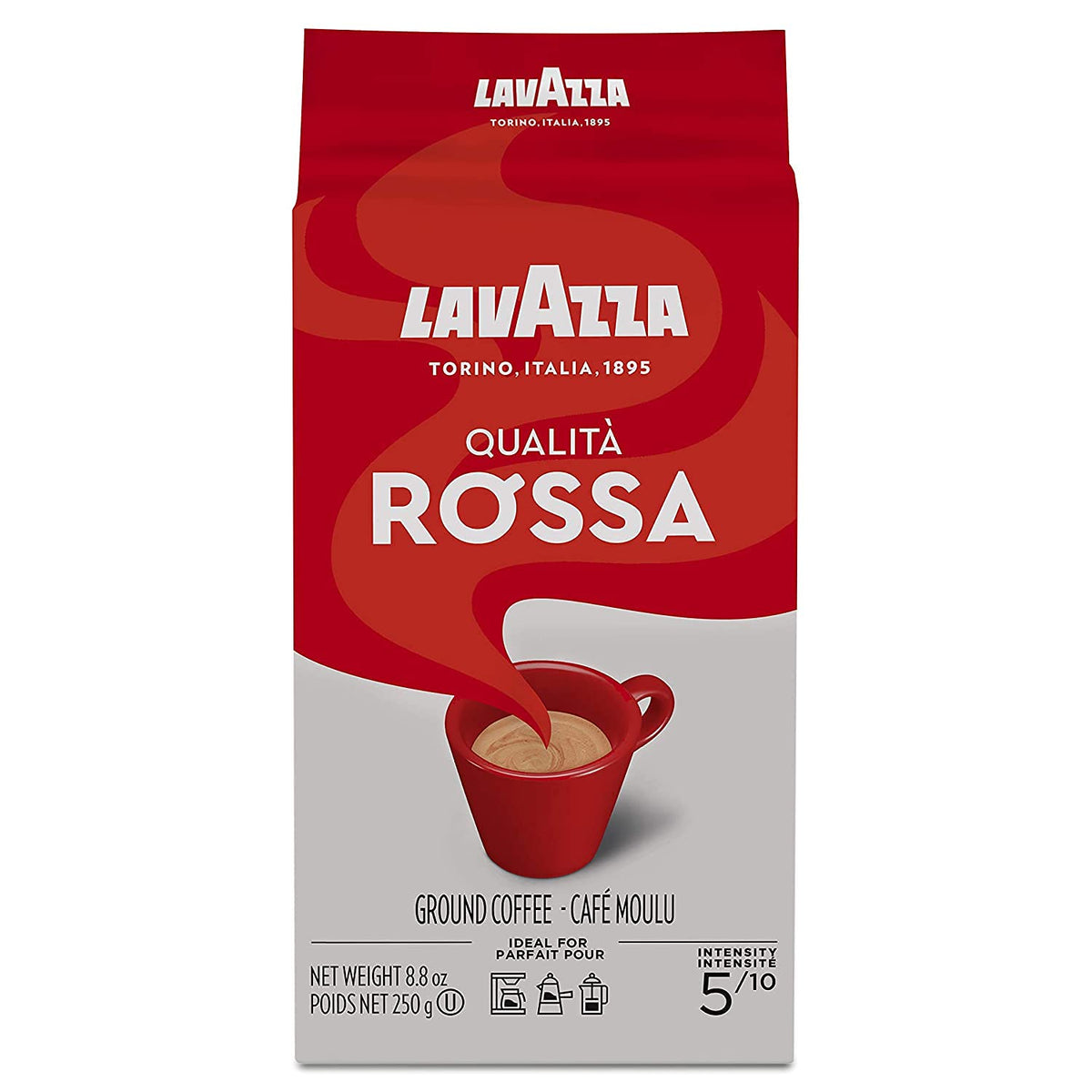 Lavazza Qualità Rossa ground coffee brick pack front view, ideal for everyday espresso.