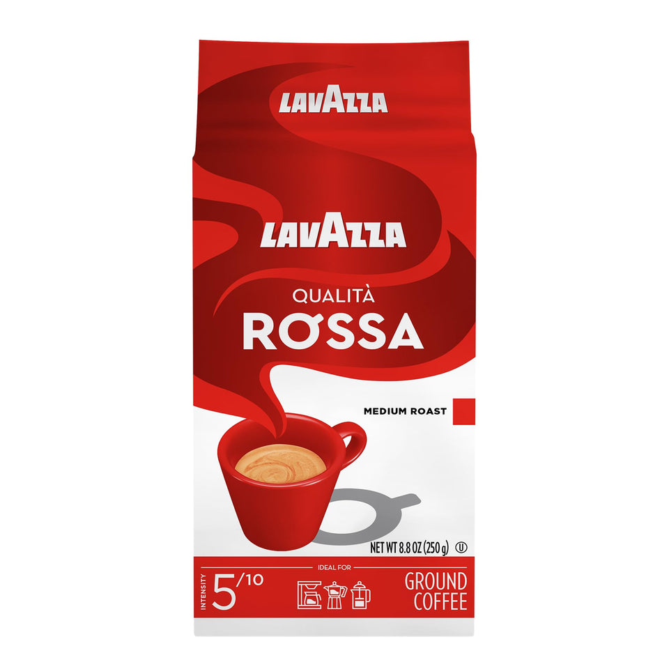 Lavazza Qualità Rossa ground coffee pack4 on a shelf, ideal for versatile espresso and drip brewing.
