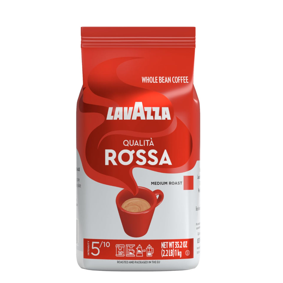 Lavazza Qualità Rossa whole bean bag ideal for espresso or drip brewing.