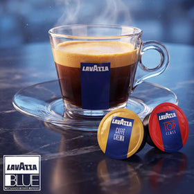 Serving cup pouring Lavazza coffee with crema and inviting aroma.