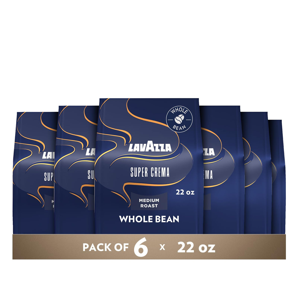 Lavazza Super Crema beans in a 6-pack, ideal for rich espresso at home.