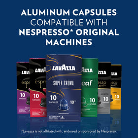Lavazza Super Crema capsules close-up highlighting creamy texture and aroma.