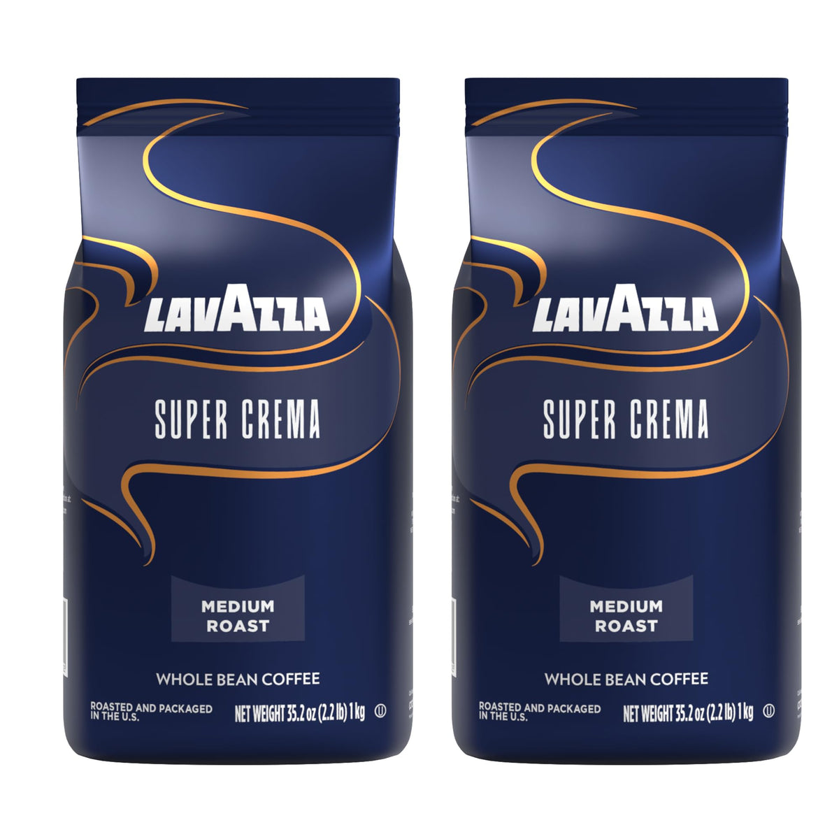 Lavazza Super Crema coffee beans, two 2.2 lb bags, ready for rich espresso